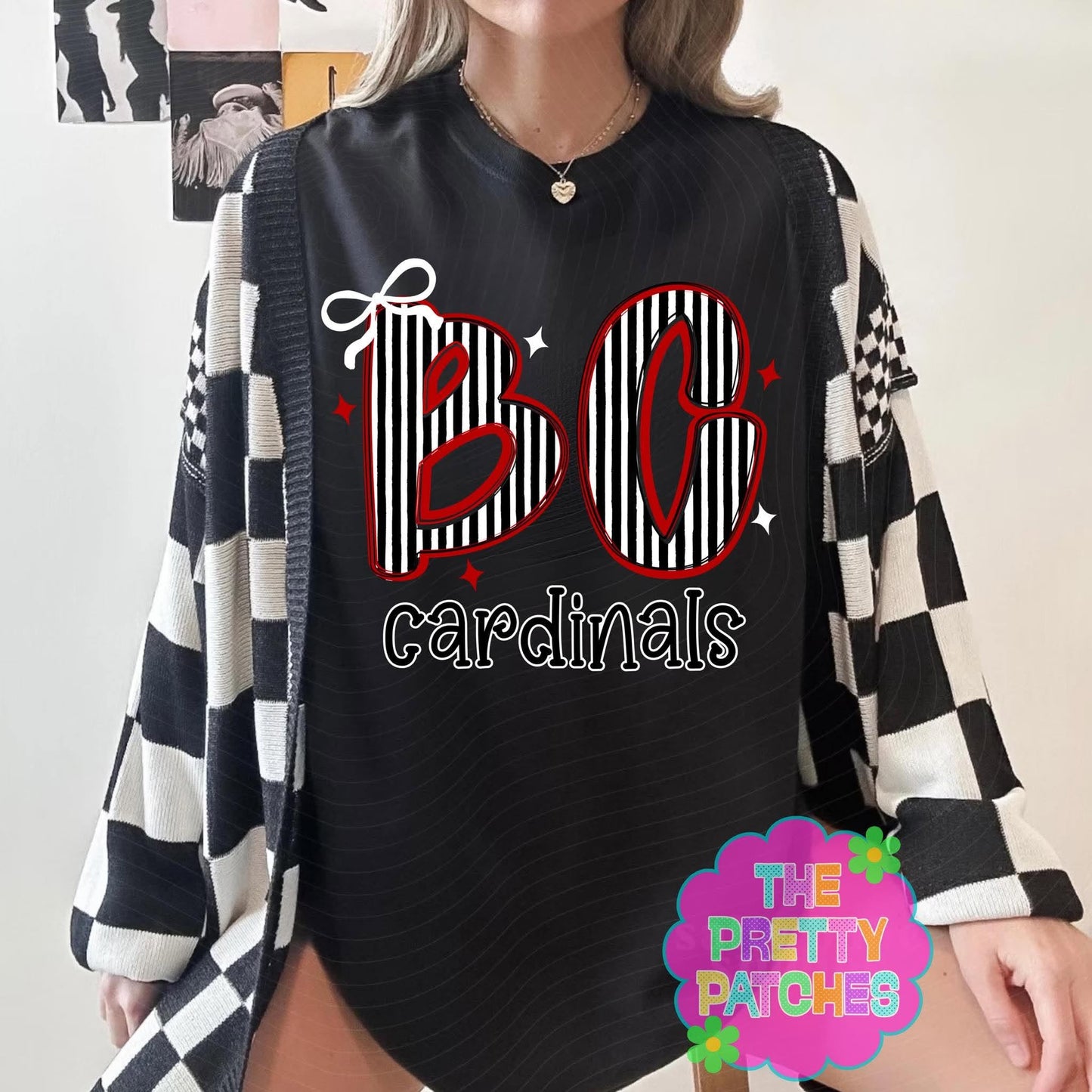 Striped BC Cardinals With Bow with red trim -T SHIRT- (bella) 082726br