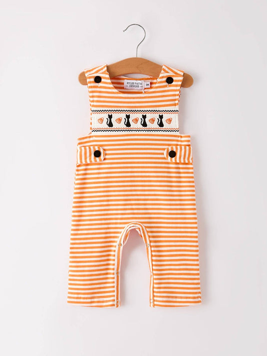 Rylee Faith Designs - Halloween Striped Baby Boys Romper with Cat Smocking Embroidery- 110825br