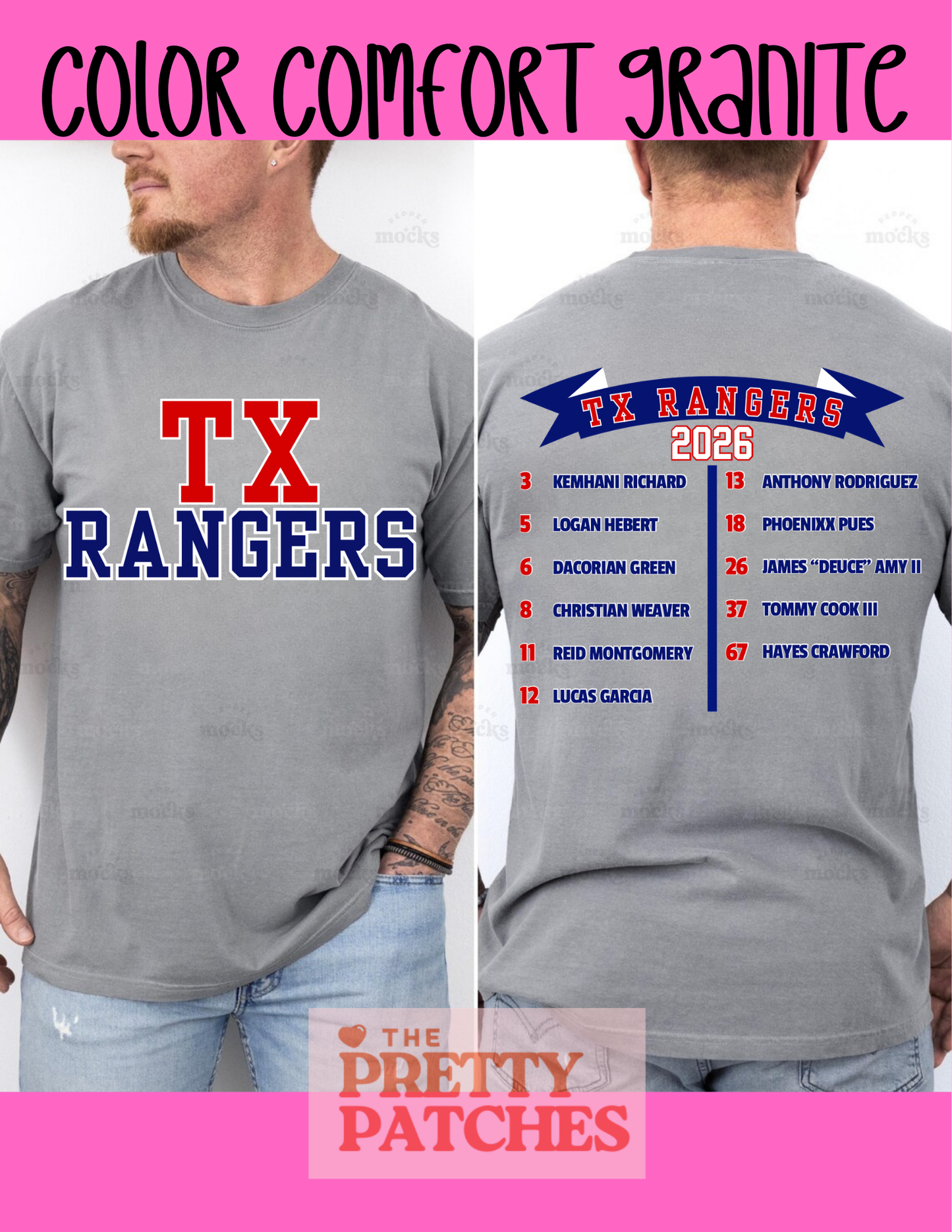TX RANGERS - COMFORT COLORS TSHIRT- GRANITE (FRONT AND BACK IMAGES)
