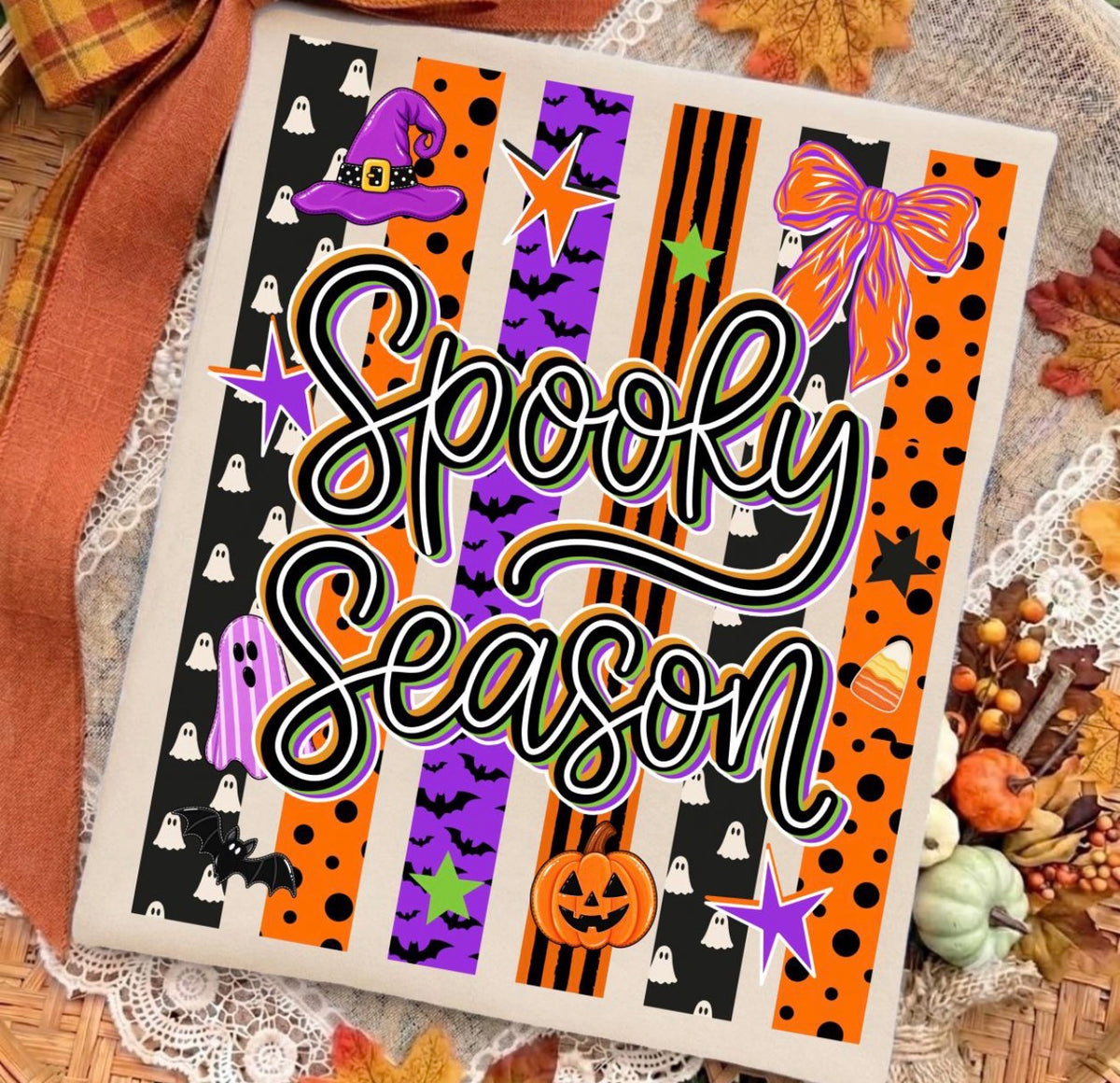 SPOOKY SEASON STRIPED WITH PATTERNS 915262- T SHIRT- (COMFORT COLOR) 091626KB