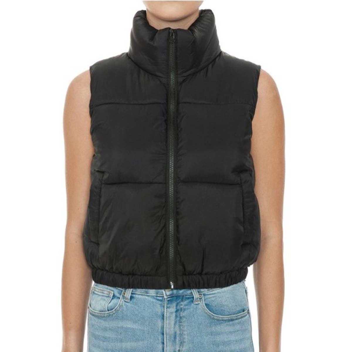 Nylon High Neck Faux Down Puffer Vest  GUJC-792