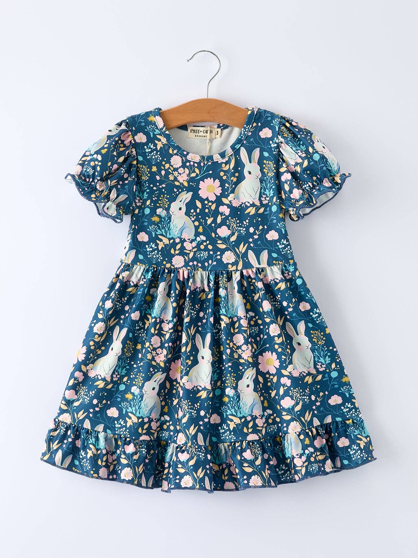 Teal Bunny Garden Ruffle Sleeve Girls Dress- 020526br