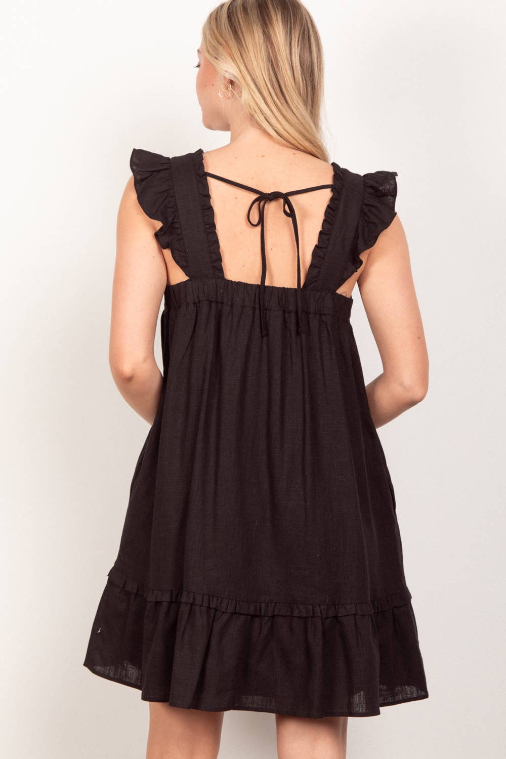 Ruffled Solid Linen Backless Mini Dress ND31184