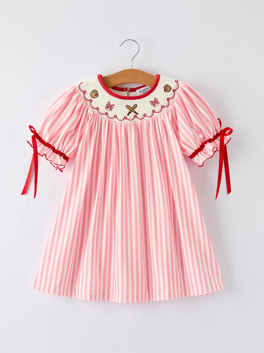 Girls Summer Baseball Embroidery pink striped Dress 011226AJ