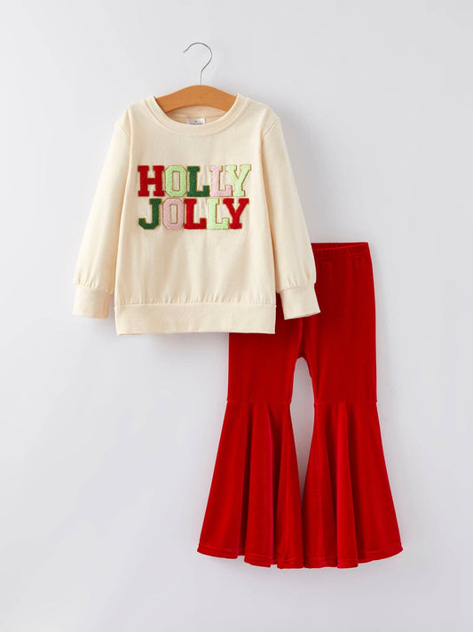 Letter Applique Top + Flared Pants Outfit Set  HOLLY JOLLY SET   OFG4