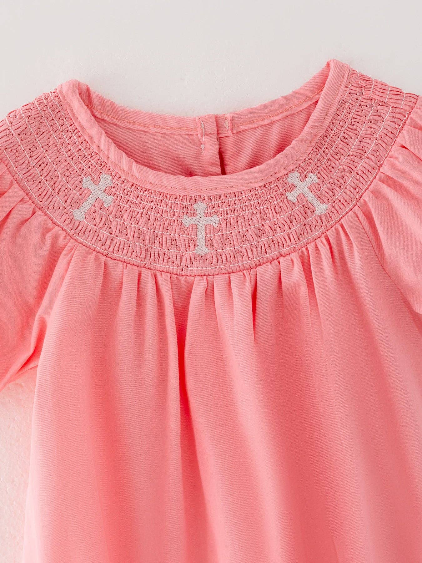 Pink Smocking Embroidered Crucifix Girls Romper RPG41