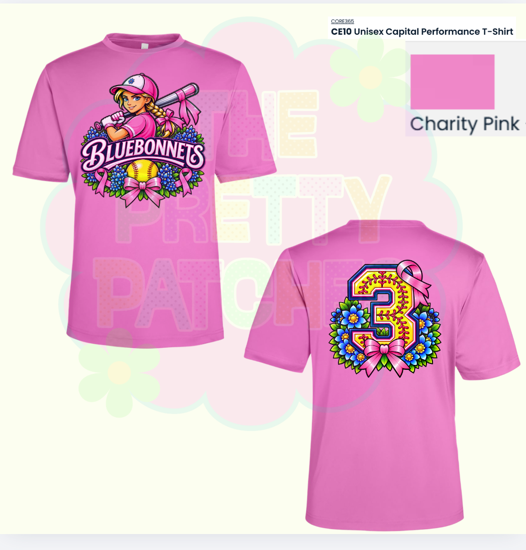 BLUEBONNETS SOFTBALL TEAM SHIRTS 1-101126 --- SHORT SLEEVE--- DRI FIT---------- DUE 10.15.26 PICK UP FOR ALL 101126KRV--------- FRONT FULL, CUSTOM BACK NUMBER