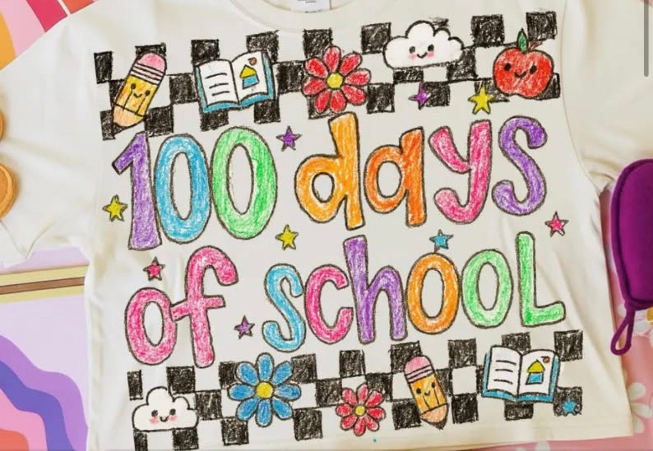 100 Days of School Checkered with Girly Clipart- T SHIRT- (COMFORT COLOR/BELLA)