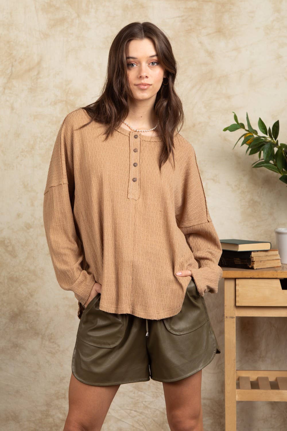 Button Down Oversized Soft Henley Knit Top NT11146-