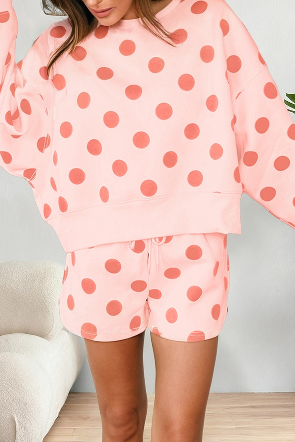 Polka Dot Print Drop Shoulder Pullover Drawstring Short Set-010826br6