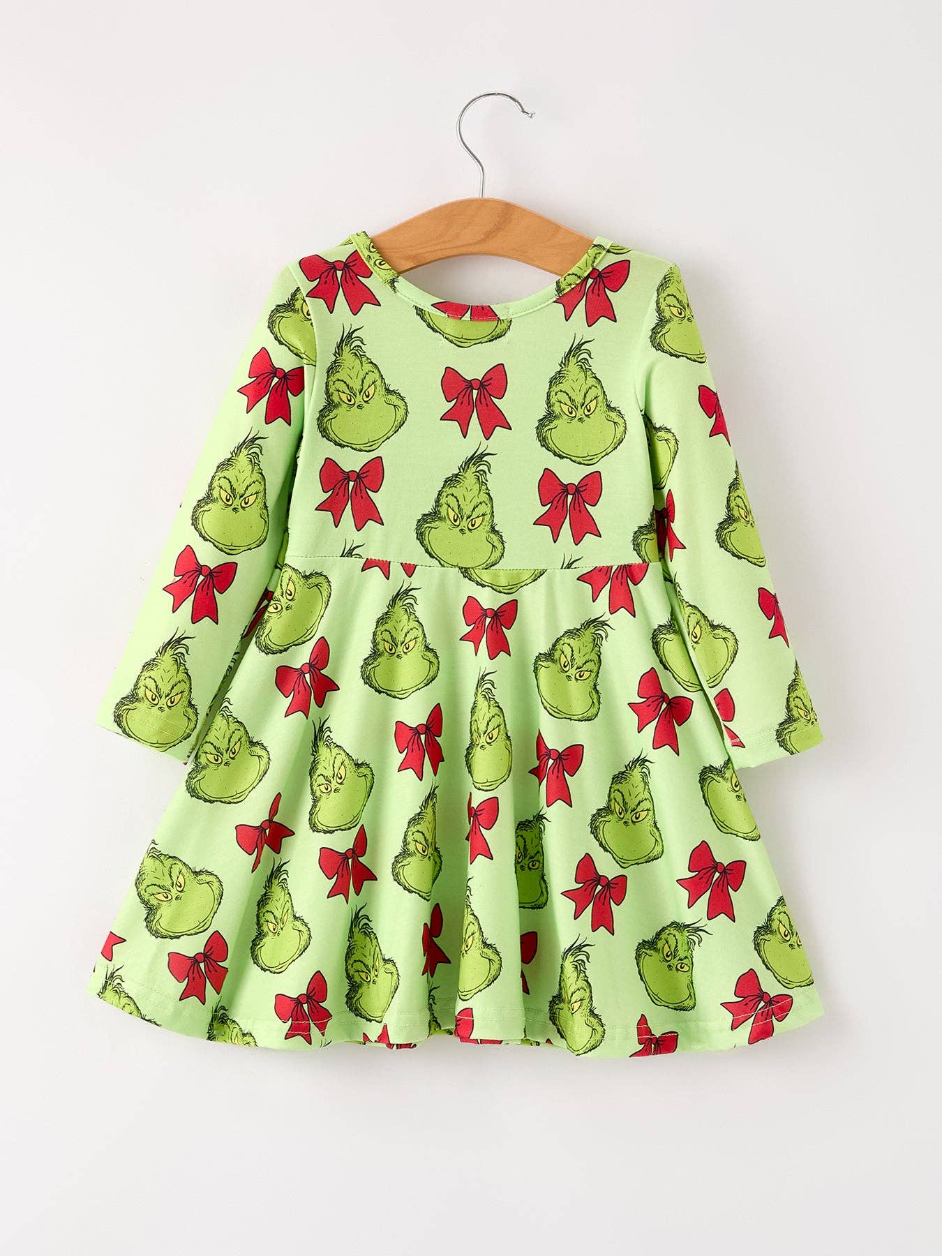 Winter Christmas Grinch Bow Print Green Girls Dress-WCGBP