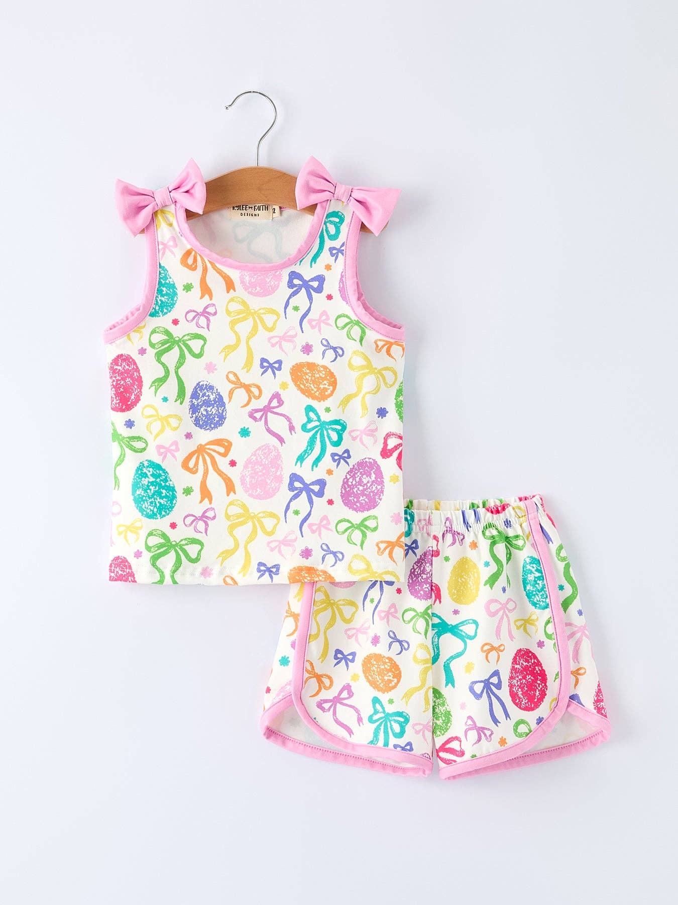 Rainbow Easter Egg Print Bow Sleeveless Vest Top and Shorts Set AJ12126