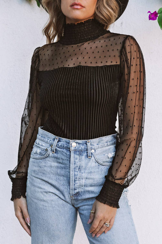 Sheer Dotty Long Sleeve Ribbed Velvet Bodysuit 1176