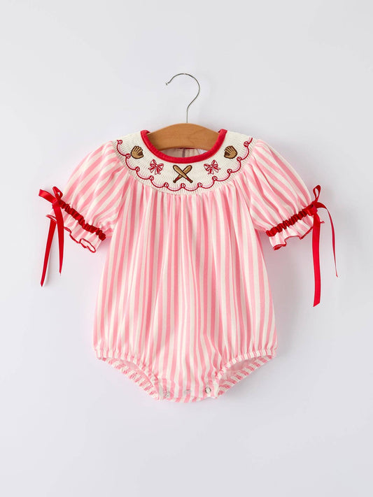 Baby Girls Baseball Embroidery pink stripe Romper 011226AJ