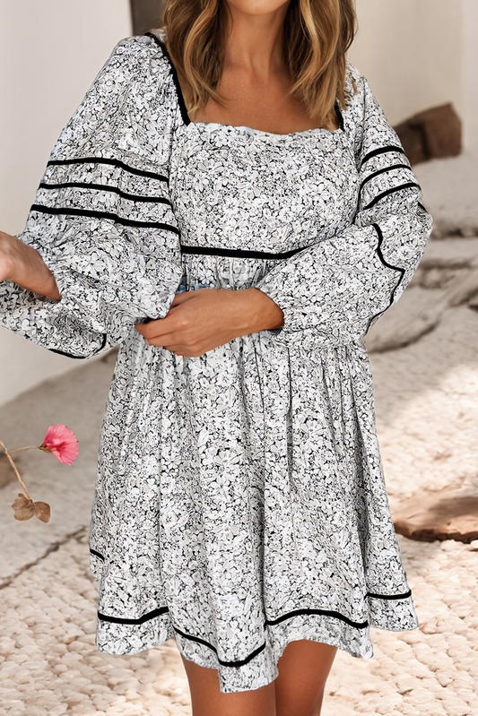 LDC Floral Open Back Balloon Sleeve Square Neck Mini Dress LD6122