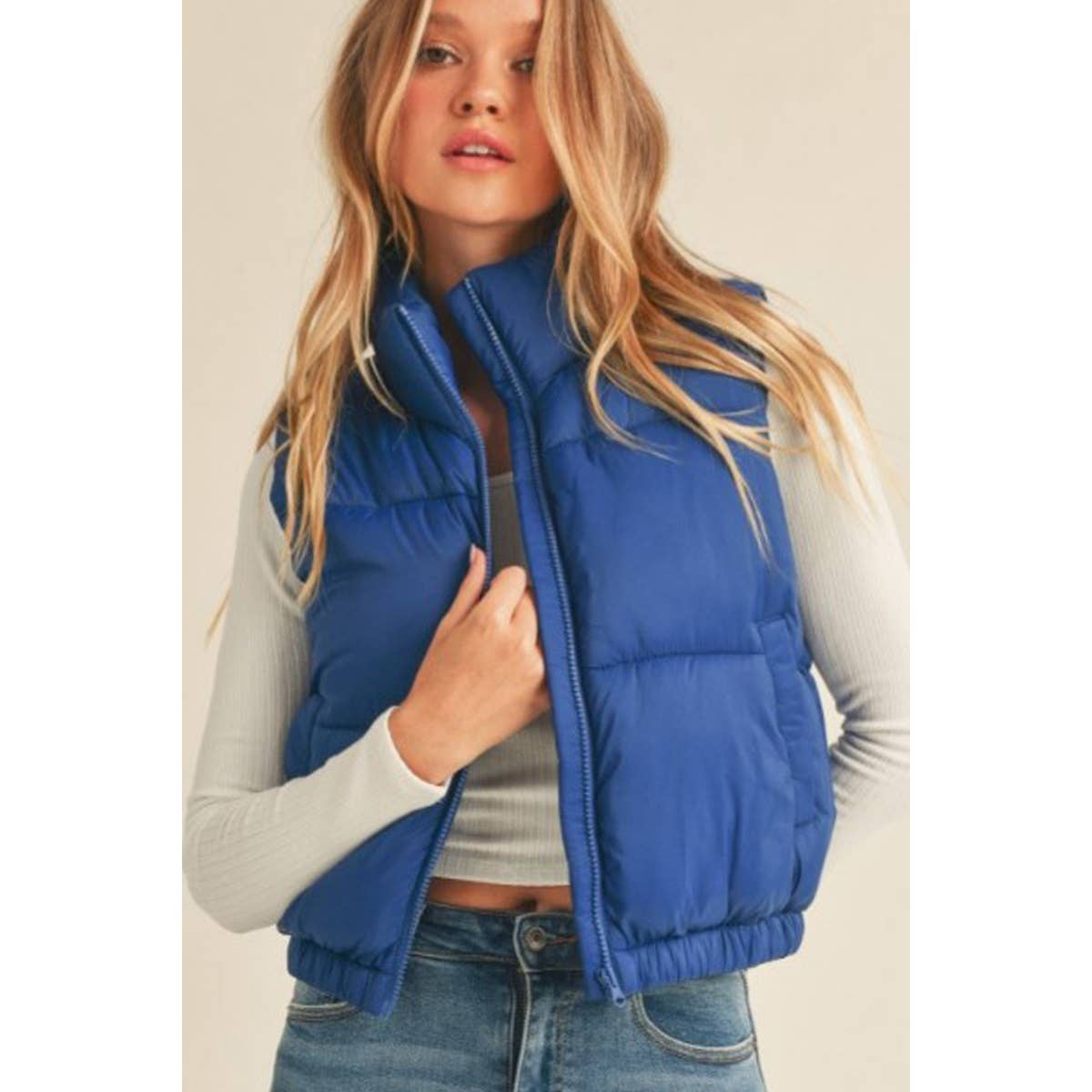 Nylon High Neck Faux Down Puffer Vest  GUJC-792