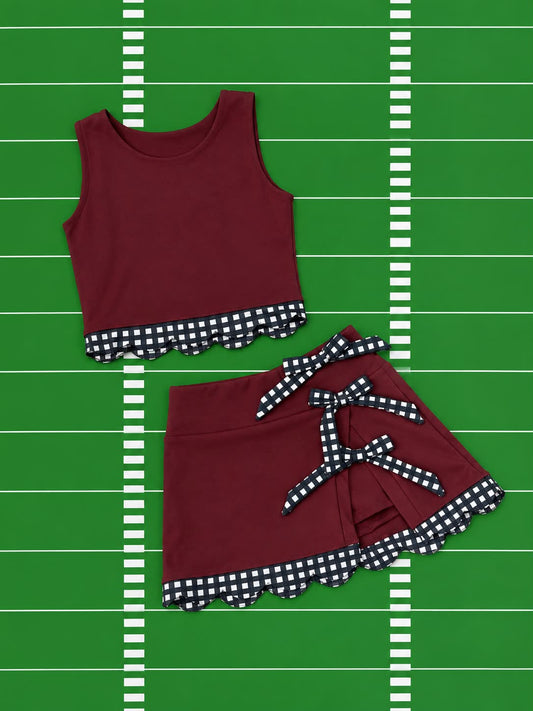 MAROON GINGHAM SCALLOP ATHLETIC SKORT SET (IN STORE) 92826MM