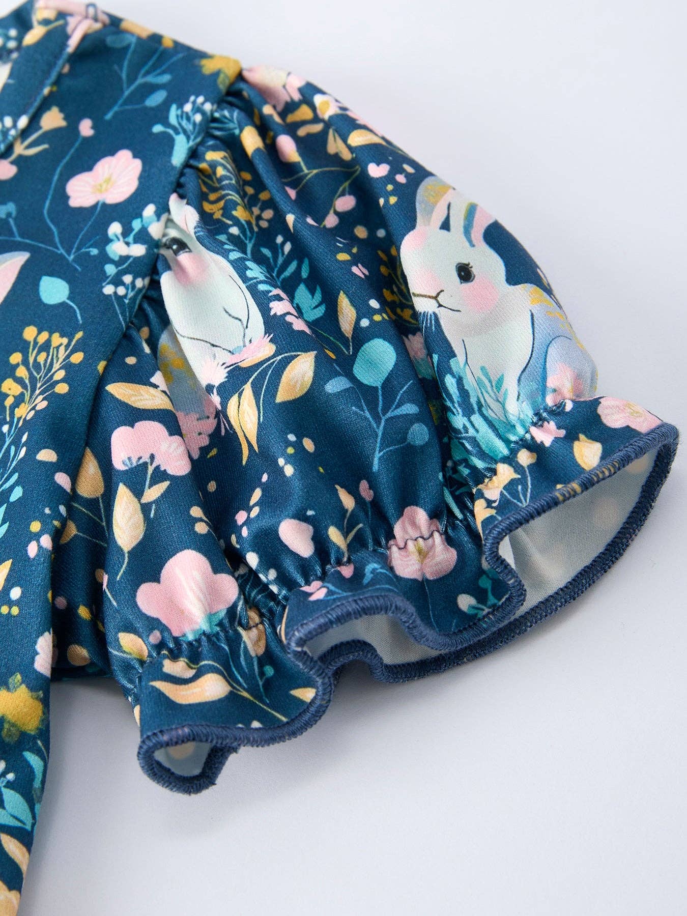 Teal Bunny Garden Ruffle Sleeve Girls Dress- 020526br