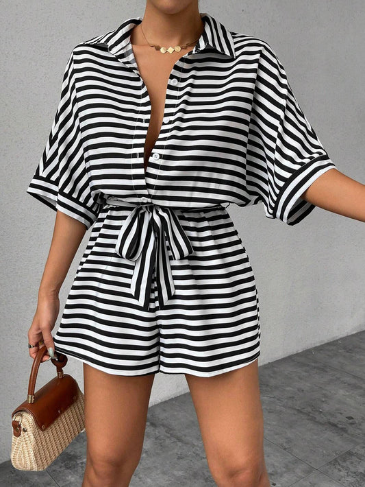 Striped Lapel Button Waistband Shorts Jumpsuit FRAX1