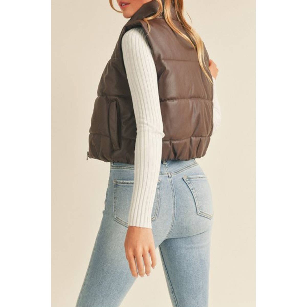 FAUX LEATHER HIGH NECK ZIP UP PUFFER VEST GJC4700