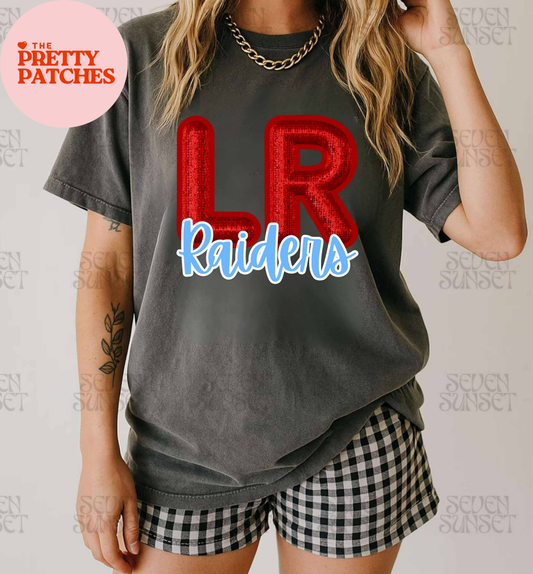 LUMBERTON RAIDERS TEE (RED SEQUIN "LR"---- RAIDERS BLUE CURSIVEE FONT) (COLOR COMFORT)
