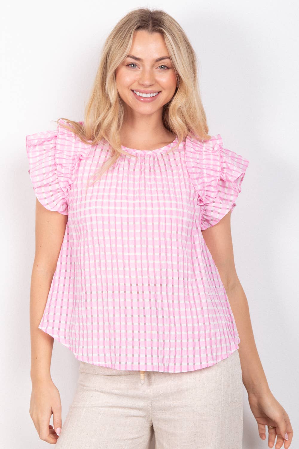 Layer Ruffle Sleeve Plaid Flannel Woven Top NTI-1480