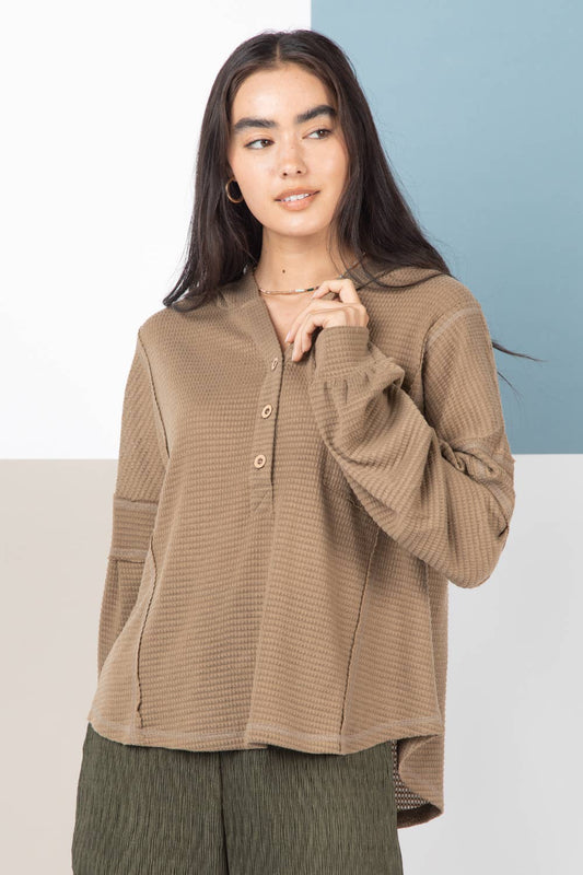 Raw Edge Detail Hooded Knit Henley Top NT10299