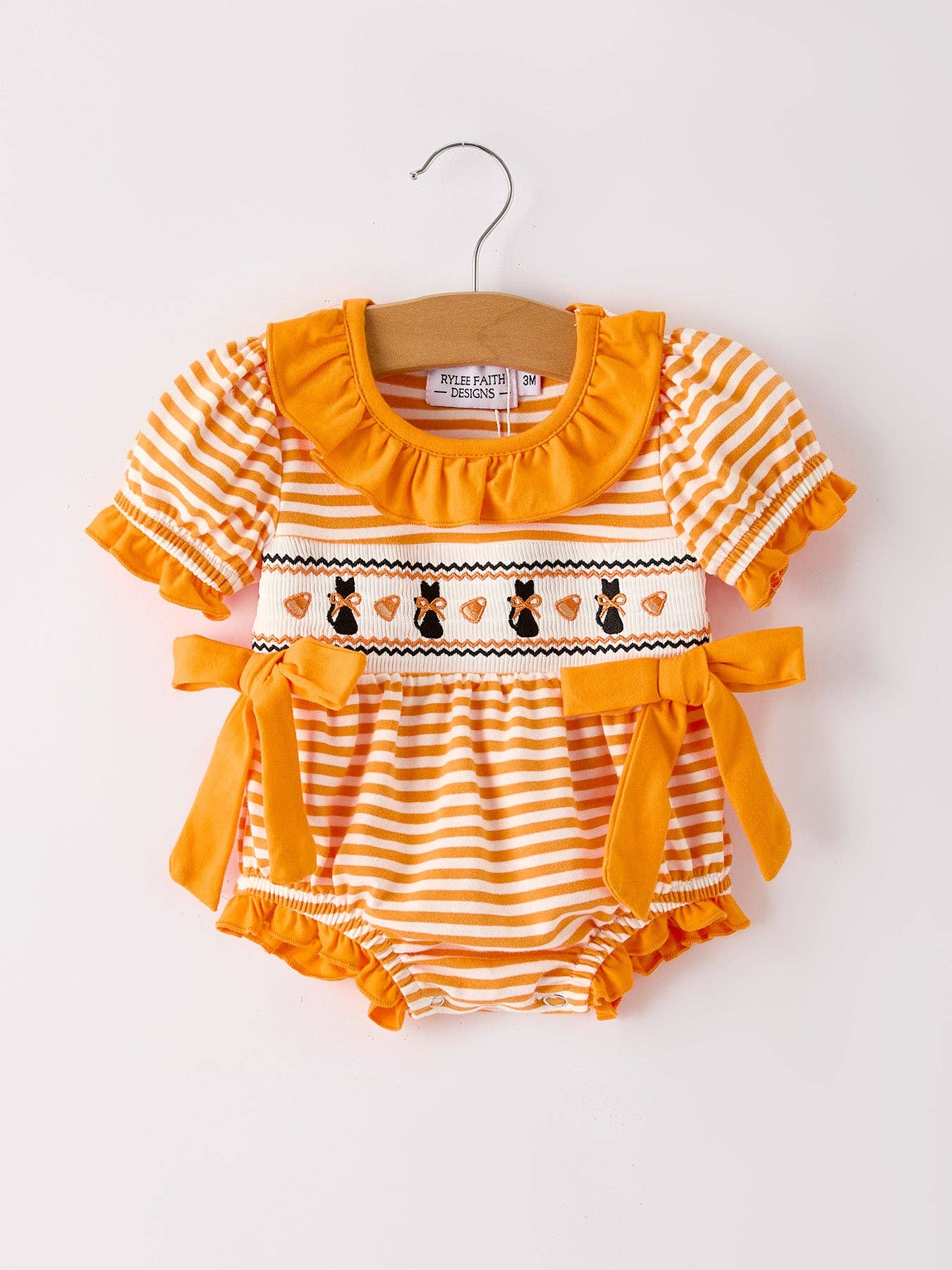 Rylee Faith Designs - Halloween Striped Baby Girls Romper with Cat Smocking Embroidery -110825br