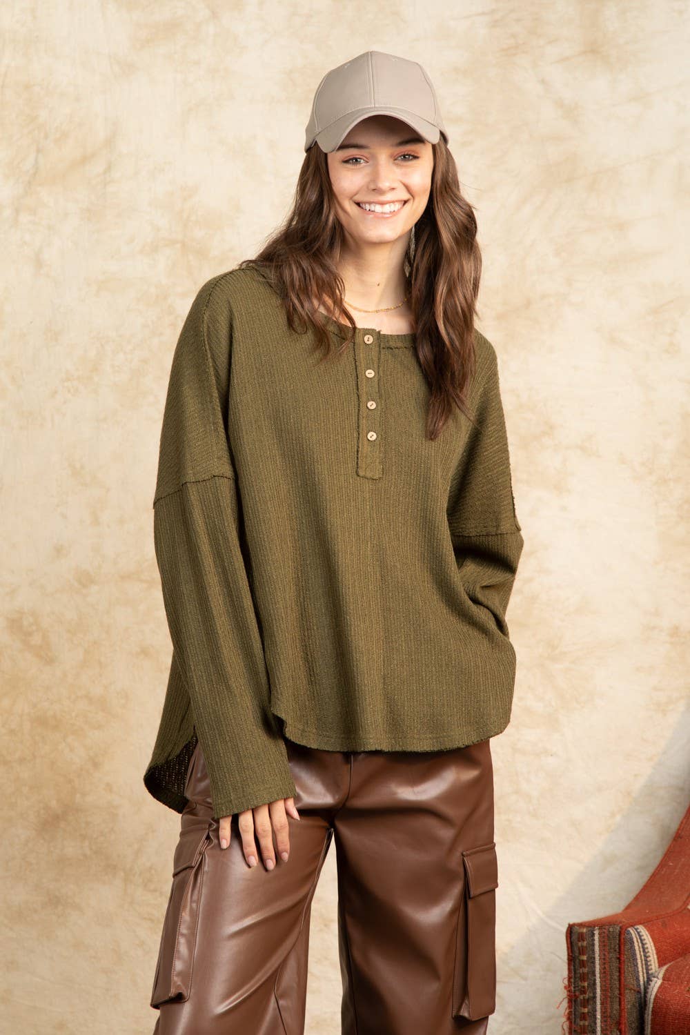 Button Down Oversized Soft Henley Knit Top NT11146-