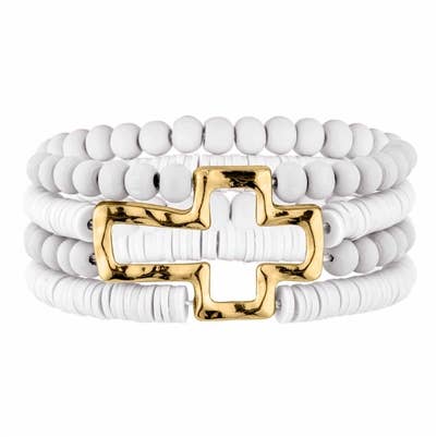 White Wood and Rubber with Gold Cross Stretch Bracelet