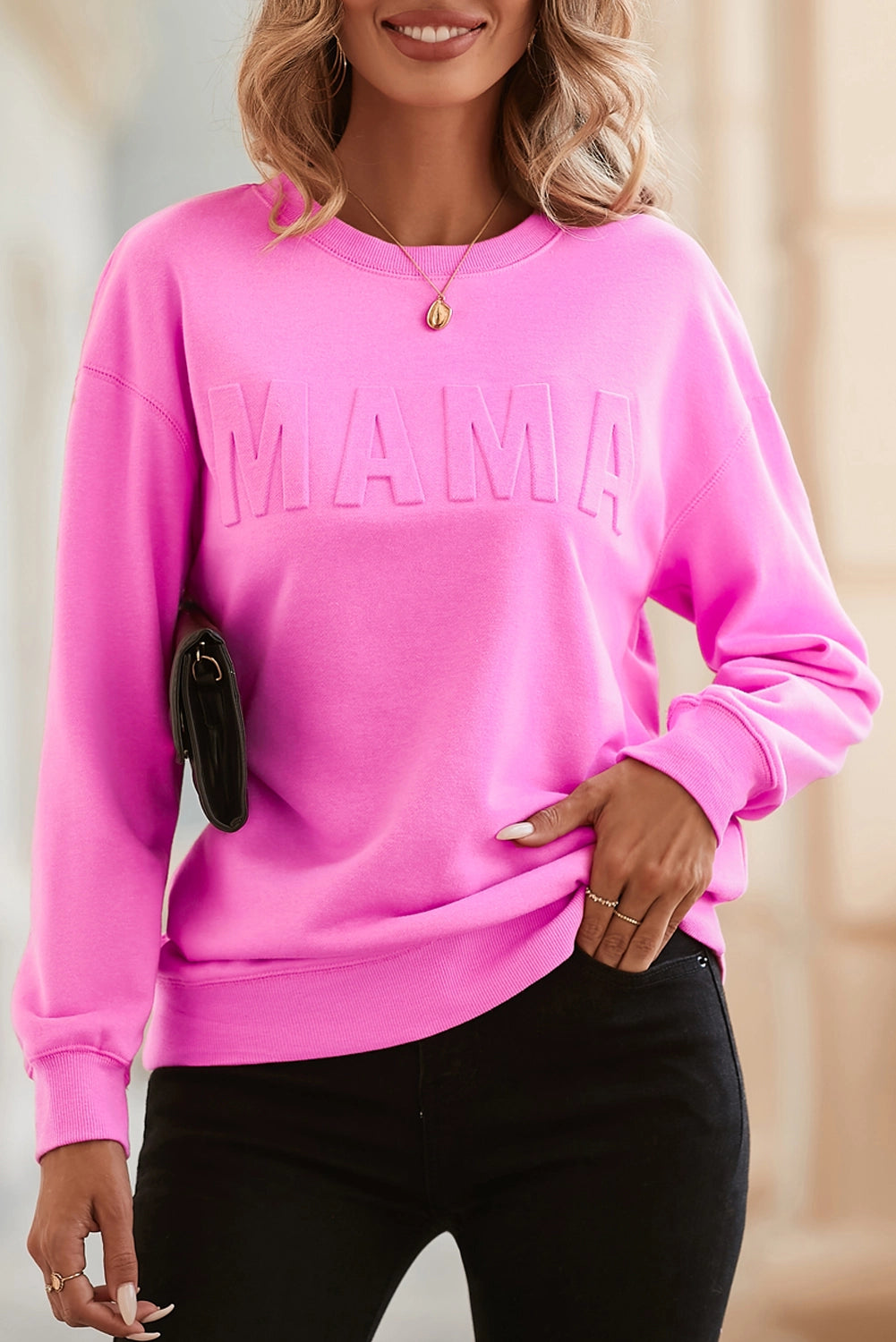 Bright Pink Mama Letter Embossed Casual Sweatshirt