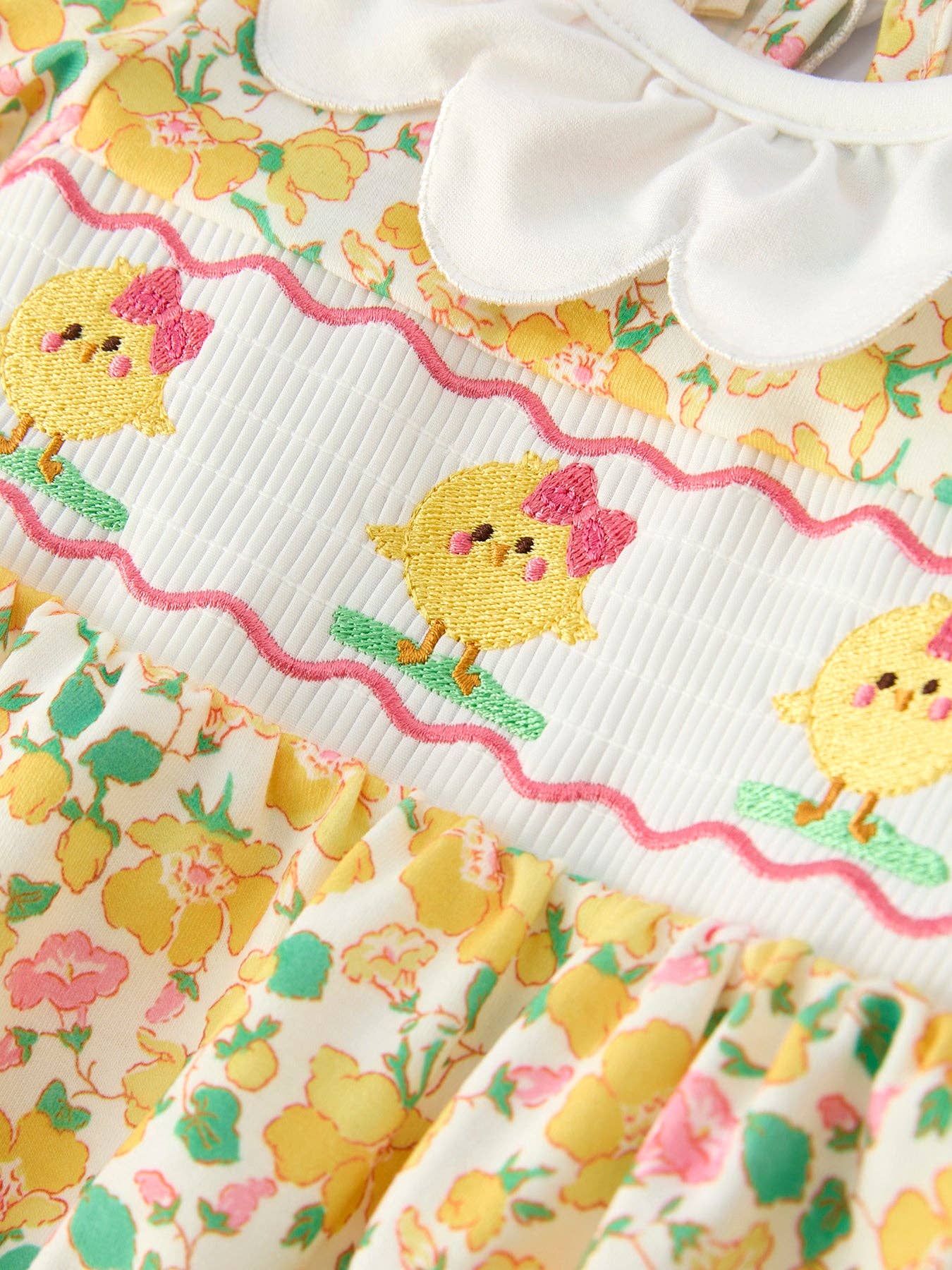 Easter Yellow Chick Embroidery Floral Baby Girl Romper AJ12126