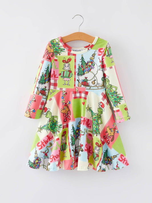 Rylee Faith Designs - Autumn Winter Character Christmas Tree Print Girls Dress-101825jb