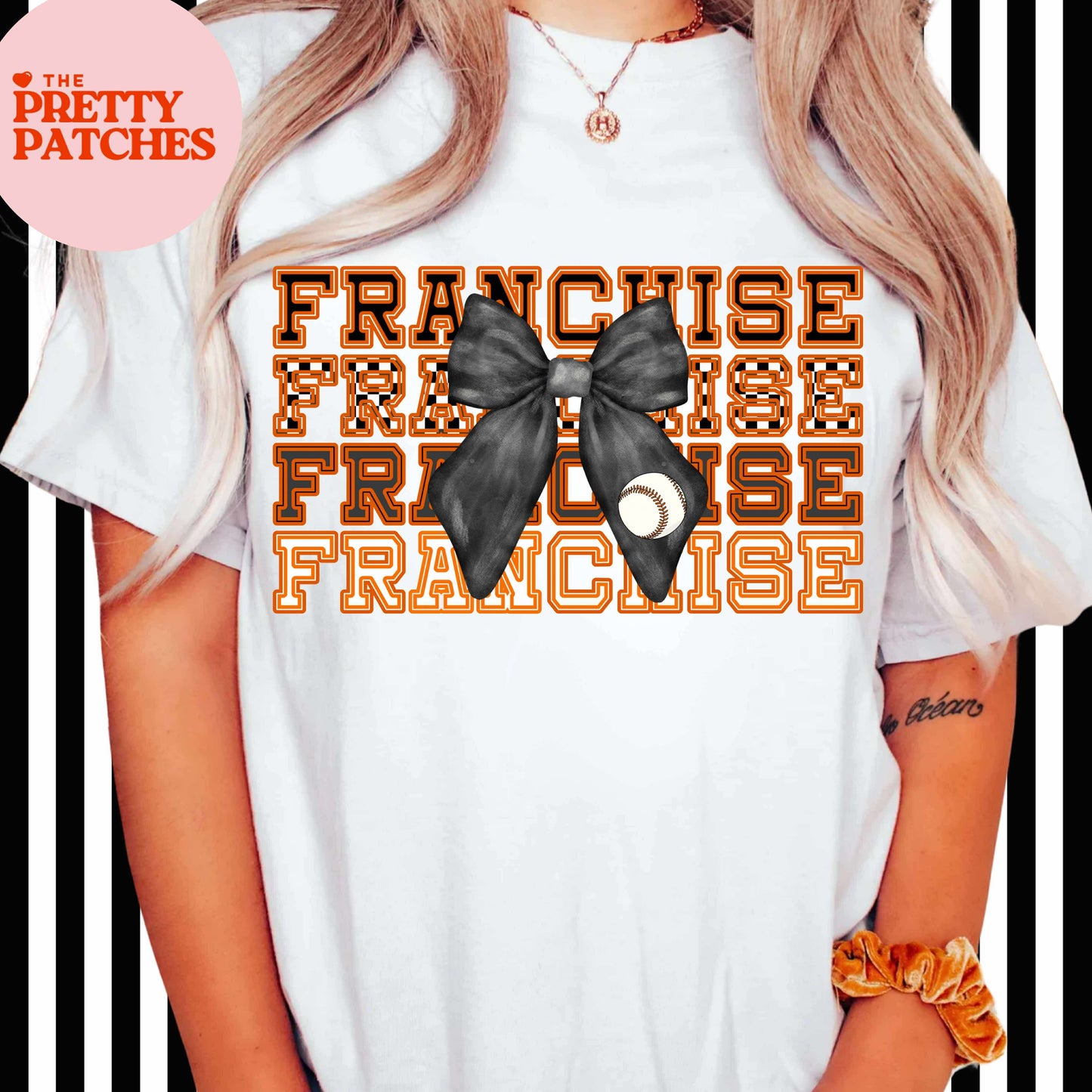 Franchise x4 with Black Bow with Baseball - T SHIRT - (Jerzee/Gildan)