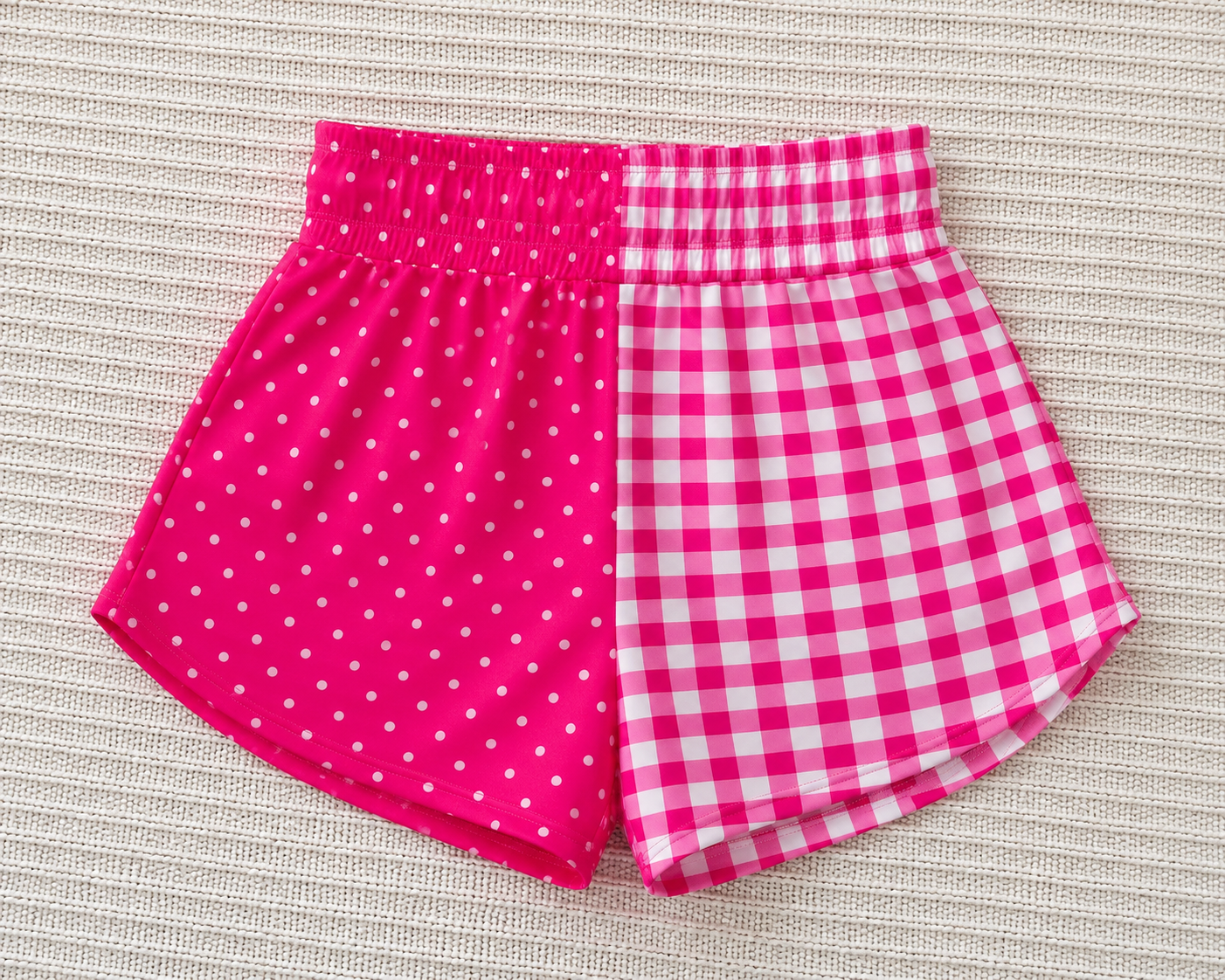 (BLANK- NO LOGO) HALF HOT PINK AND WHITE POLKA DOT & HALF HOT PINK & WHITE GINGHAM  (ADULT WOMENS SHORTS) - (PRE ORDER) (HAPPY DAYS) 072726LW