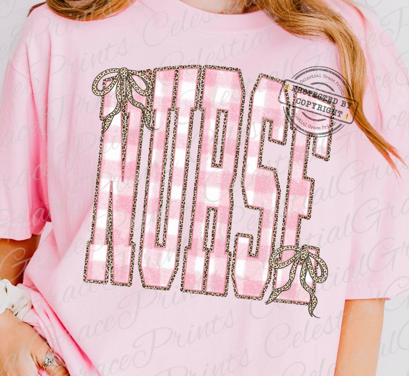 Cheetah Pink Gingham Nurse - T SHIRT (COMFORT COLOR/BELLA/LAT)