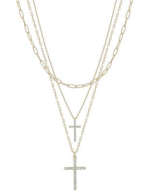 Gold Layered Rhinestone Double Cross 16"-18" Necklace EMN2022