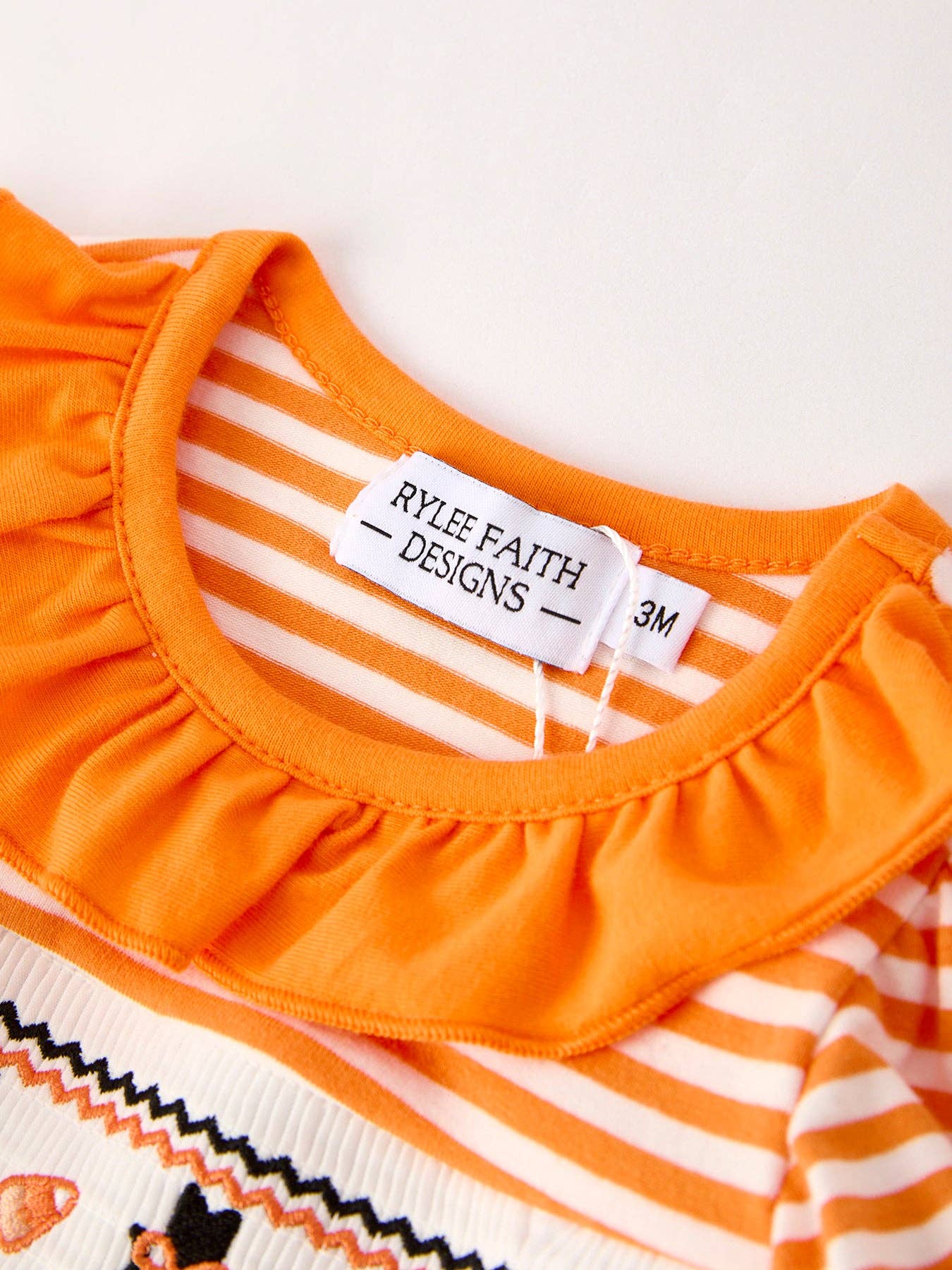 Rylee Faith Designs - Halloween Striped Baby Girls Romper with Cat Smocking Embroidery -110825br