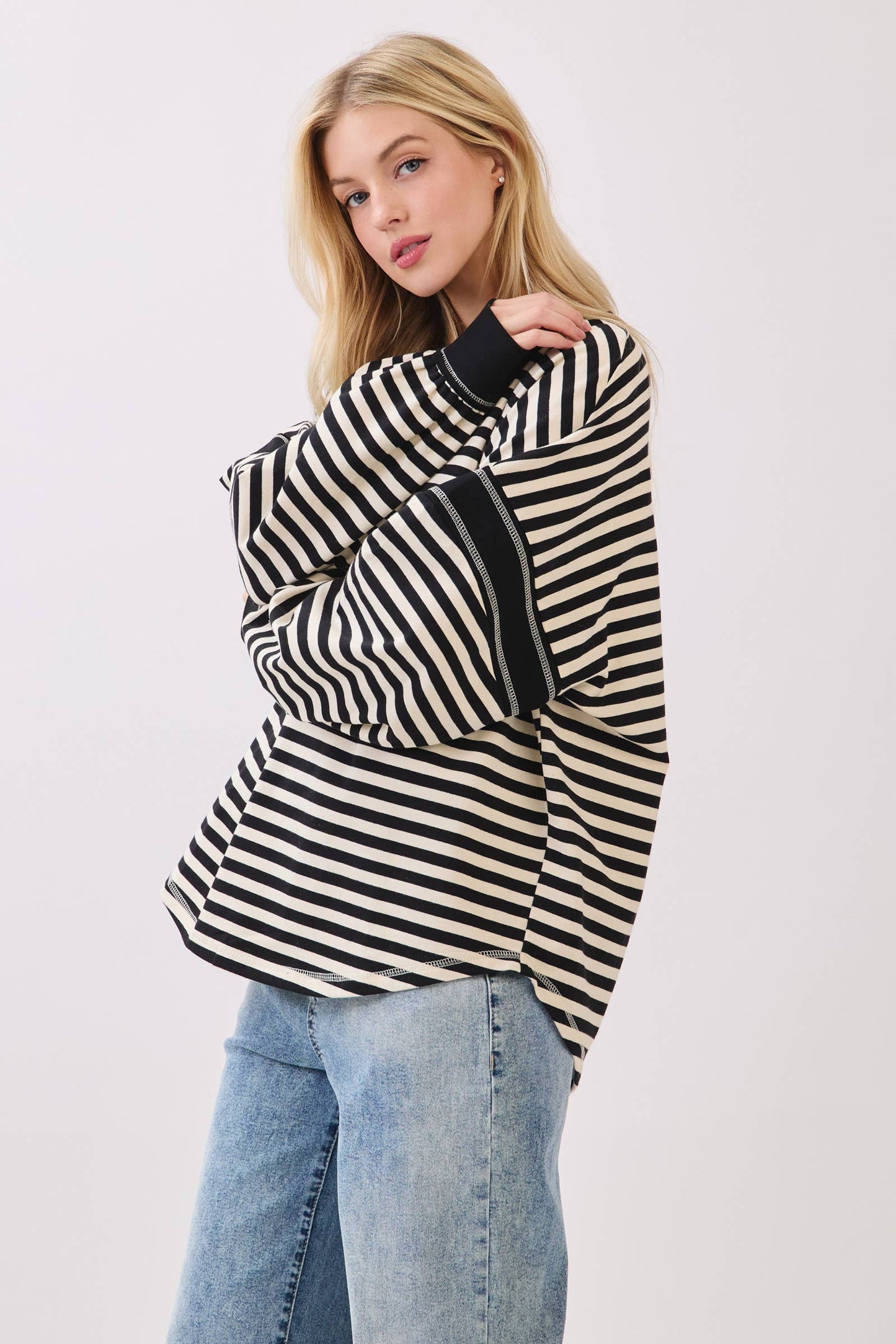 Striped Balloon Sleeve V-Neck Knit Top-SBSVK
