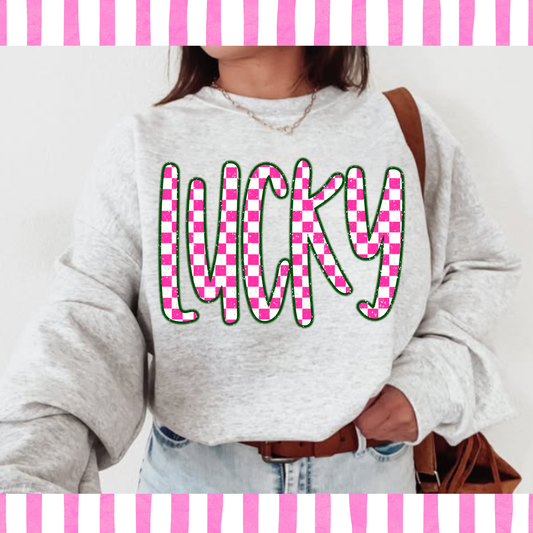 Distressed Checkered Lucky - SWEATSHIRT- (GILDAN/JERZEES)