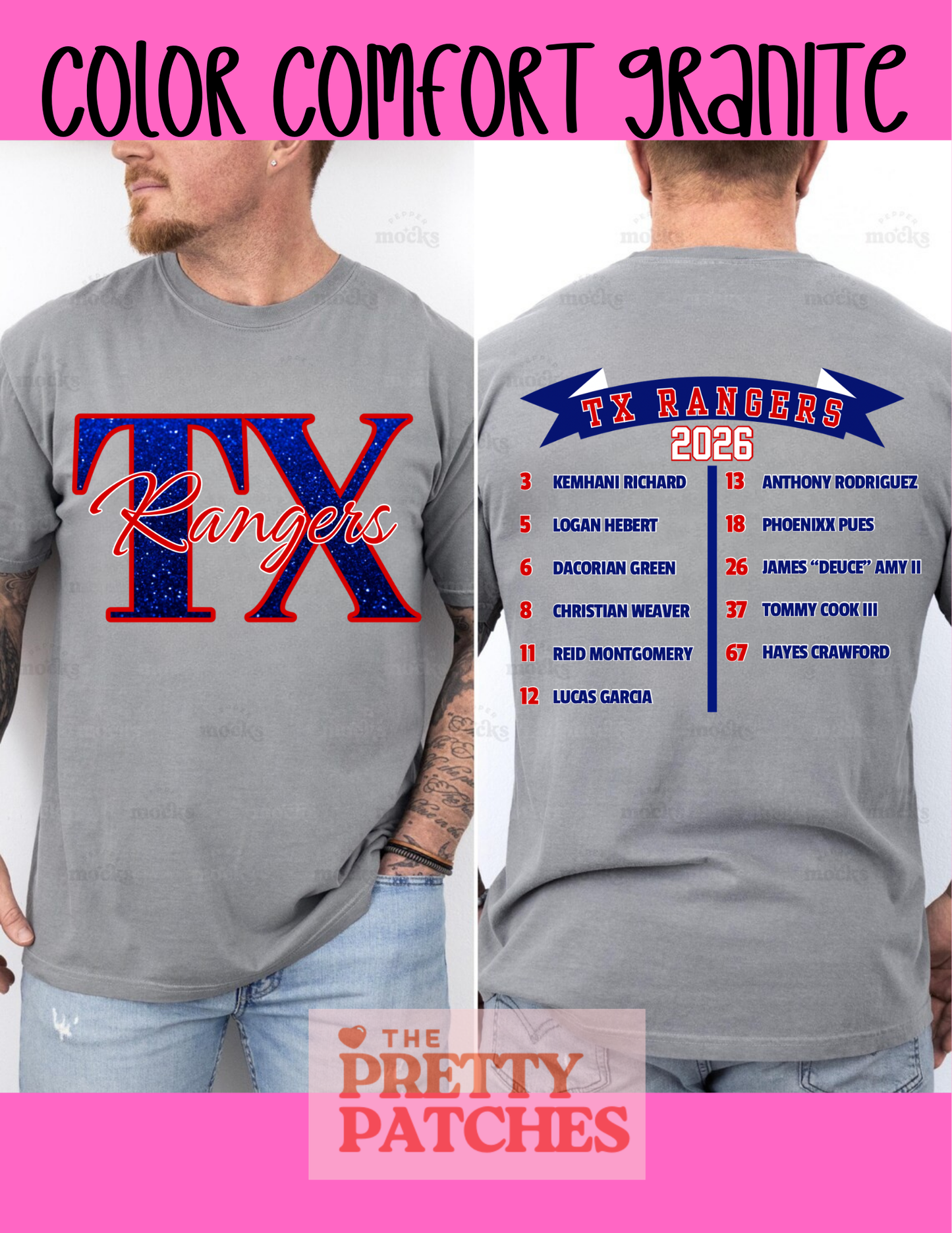 TX RANGERS - COMFORT COLORS TSHIRT- GRANITE (FRONT AND BACK IMAGES)