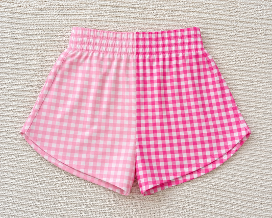 (BLANK- NO LOGO) HALF LIGHT PINK & WHITE GINGHAM & HALF HOT PINK & WHITE GINGHAM  (ADULT WOMENS SHORTS) - (PRE ORDER) (HAPPY DAYS) 072726LW