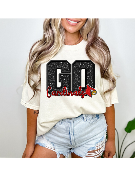 GO CARDINALS  FAUX SEQUIN GLITTER T-SHIRT (BLACK GO RED CARDINALS )