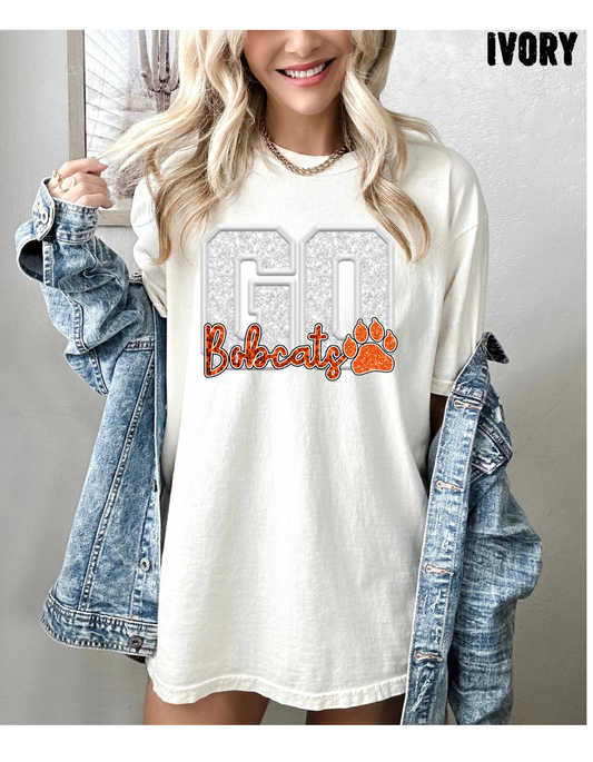 GO BOBCATS  FAUX SEQUIN GLITTER T-SHIRT (WHITE GO ORANGE BOBCATS )