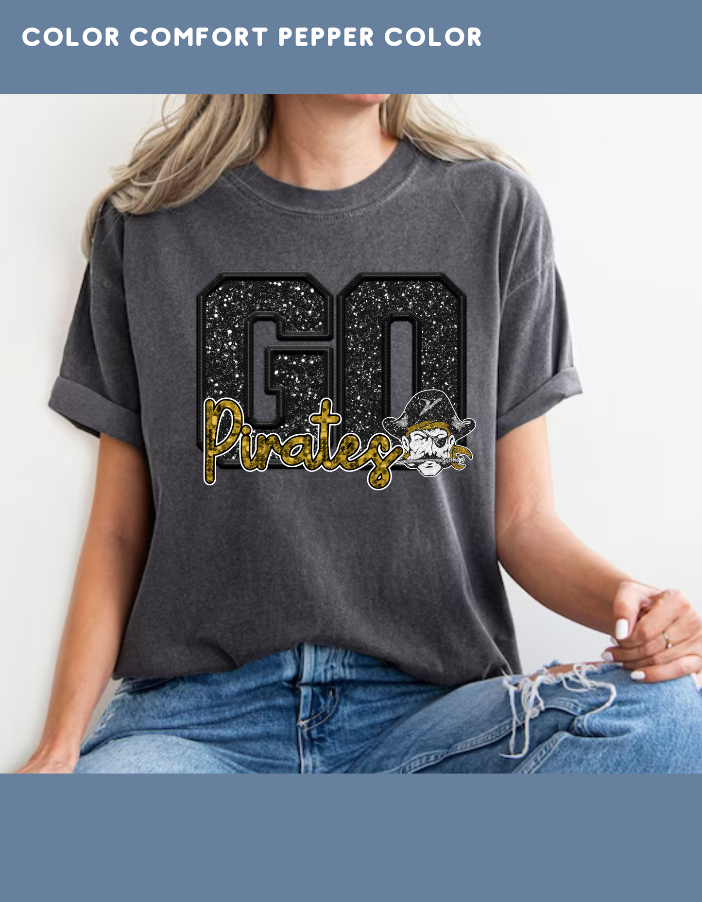 GO PIRATES  FAUX SEQUIN GLITTER T-SHIRT (BLACK GO GOLD PIRATES )