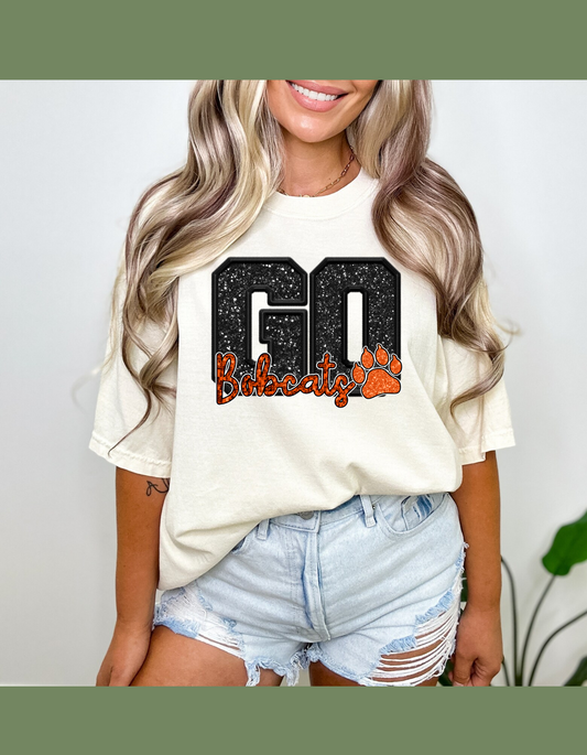 GO BOBCAT  FAUX SEQUIN GLITTER T-SHIRT (BLACK GO ORANGE BOBCATS )