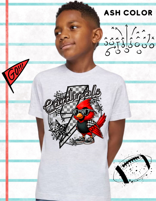 Cardinal (red bird sun glasses checkered shirt stars, checkered lightning bolt) t-shirt