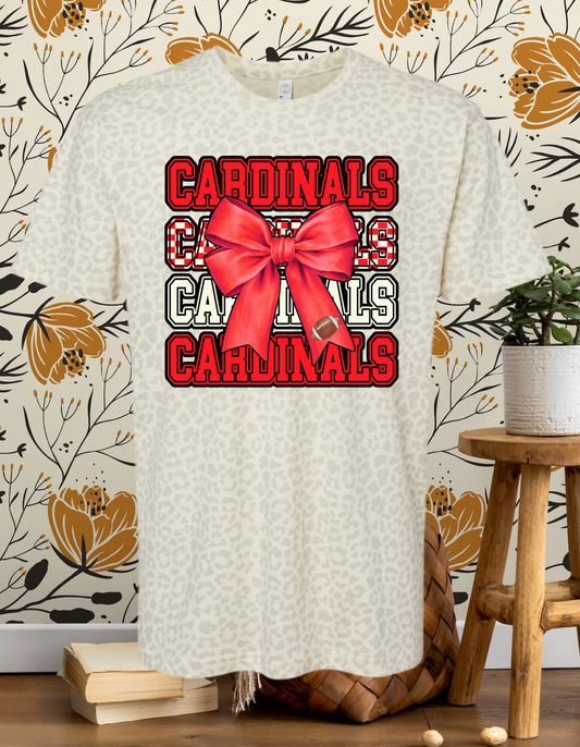 Cardinals "four cardinals red, checkered, white" red bow and football" T-shirt