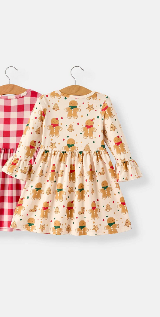 Winter Christmas Print with Gingerbread Girls Dress-WCPGGS