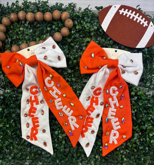 White and Orange bead/stone CHEER hair bow-WOBCHB